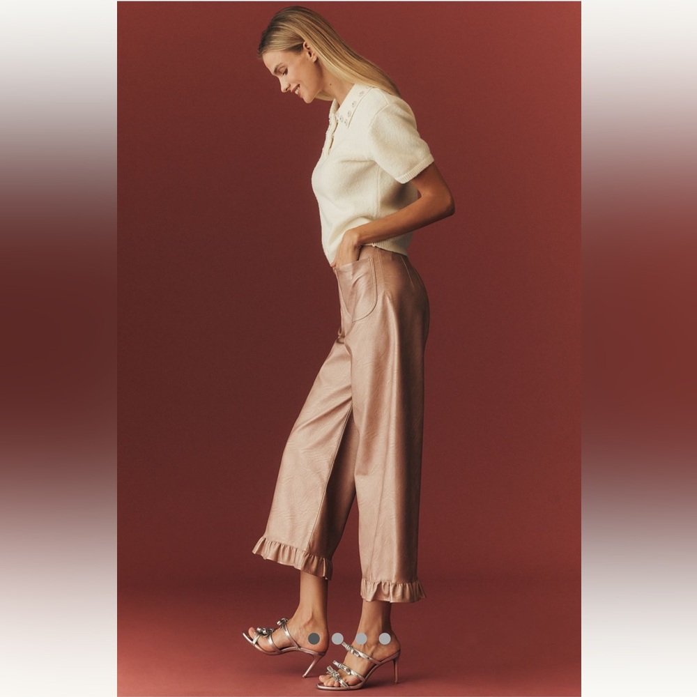NWT The Colette Crop Metallic Faux Leather Ruffle-Hem Pants by Maeve